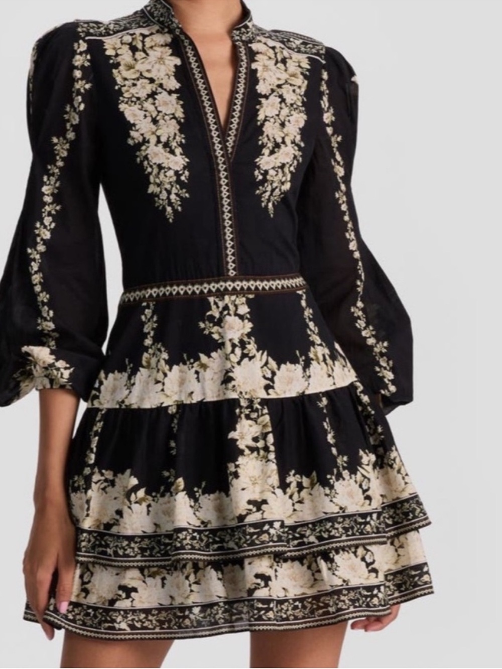 Alice + Olivia Black Mini Dress with Cream Floral Embroidery